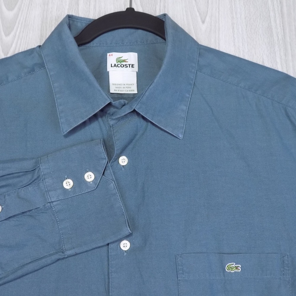 Lacoste Button Down Shirt Mens 44 Blue Gray Solid Long Sleeve Logo EUC